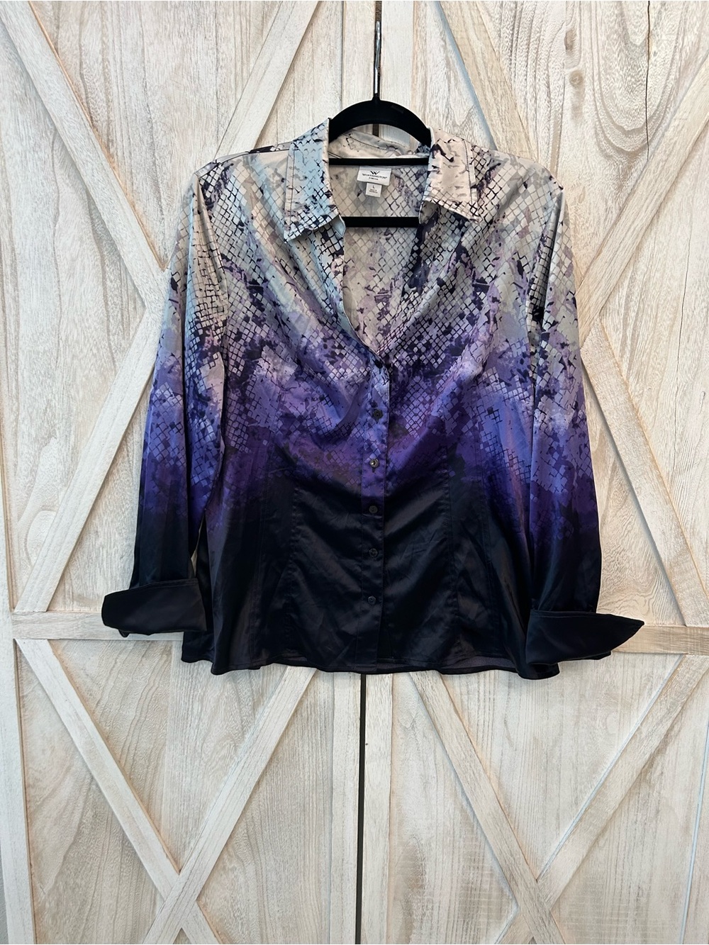 Worthington Purple Ombre Snakeskin-Print Satin Button-Front Blouse
